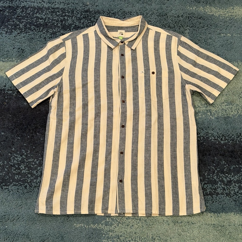 QUIKSILVER Short Sleeve Button Up Shirt Blue White Striped Regular Fit Men's XL